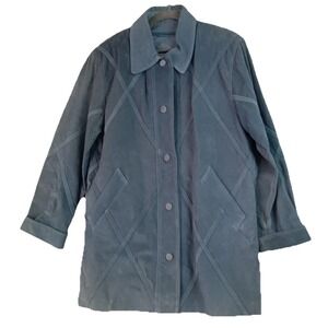 Dennis Basso Coat Womens Small Blue Suede Leather Zip Snap Front‎ Lined Diamond